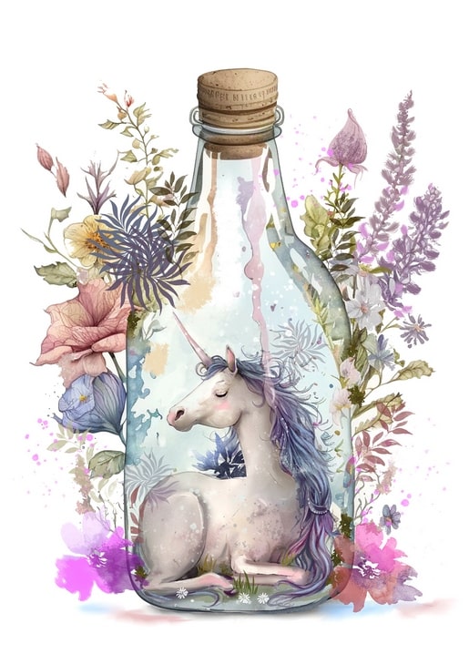 Watercolor illustration of a sleeping unicorn curled up inside a corked glass bottle surrounded by wildflowers