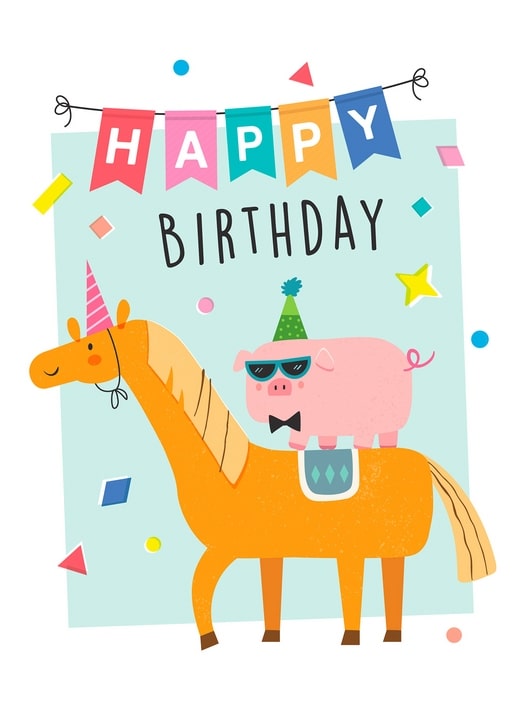 Illustrated orange unicorn horse carrying a sunglasses-wearing pig, Happy Birthday banner