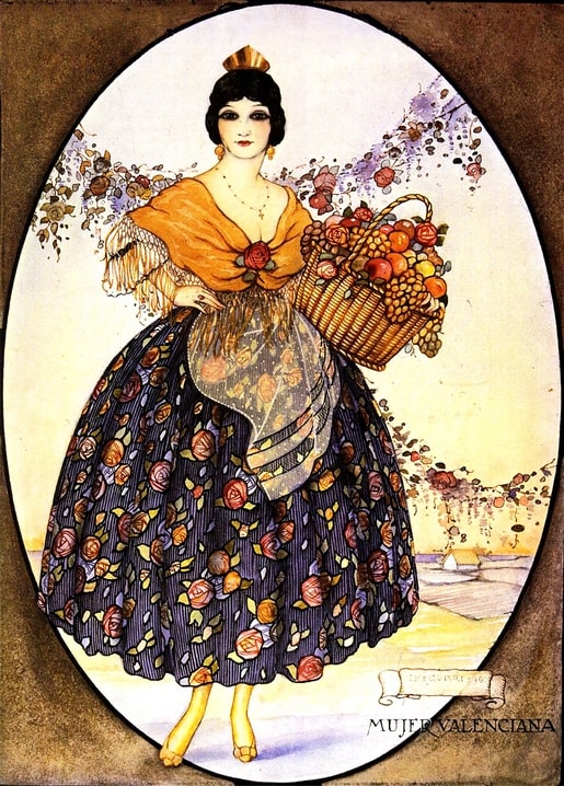 Illustration of a woman in Valencian folk dress carrying a basket of fruit