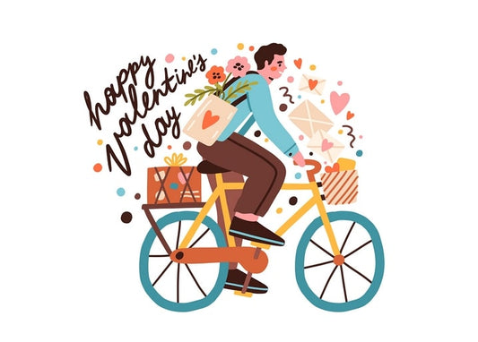 Illustration eines Radfahrers mit Blumen und Geschenken zum Valentinstag