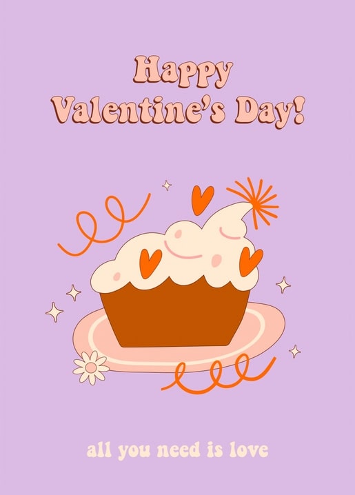 Lilac Valentine's postcard with a frosted cupcake covered in hearts and sparkles
