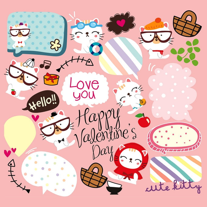 Кавайні коти в окулярах з сердечками та написом «Happy Valentine's Day»