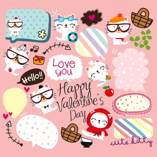 Кавайні коти в окулярах з сердечками та написом «Happy Valentine's Day»