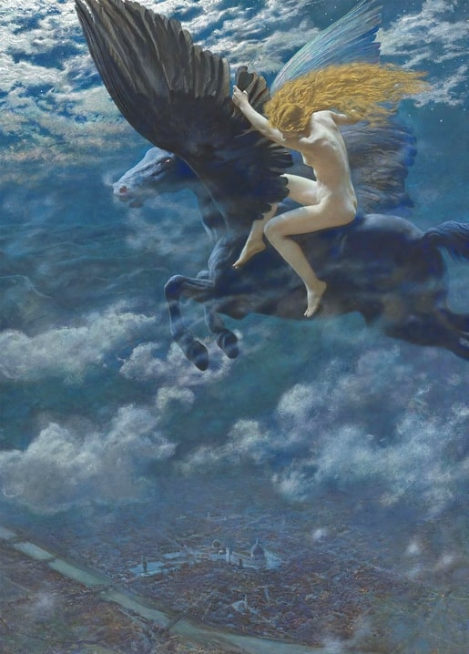 Winged Valkyrie riding a black winged horse above the clouds, fantasy art by Edward Robert Hughes