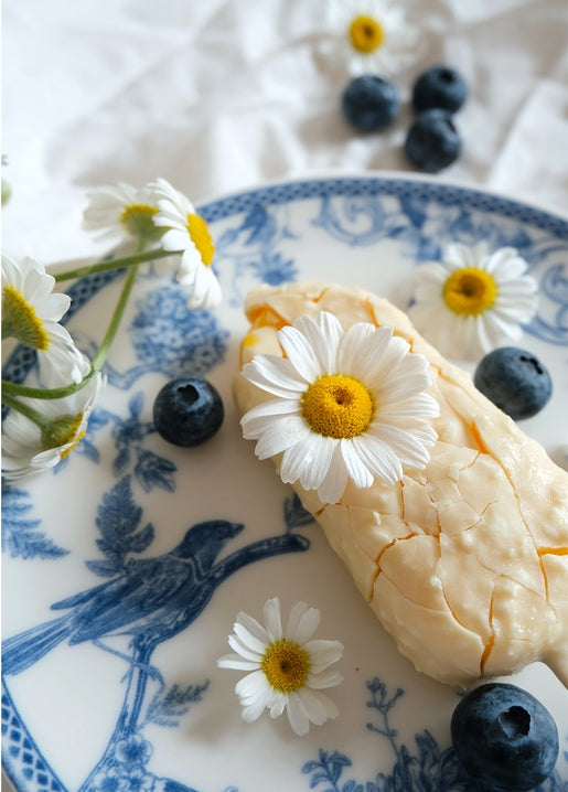 Glazed vanilla ice cream bar on a blue-and-white china plate with daisies and blueberries