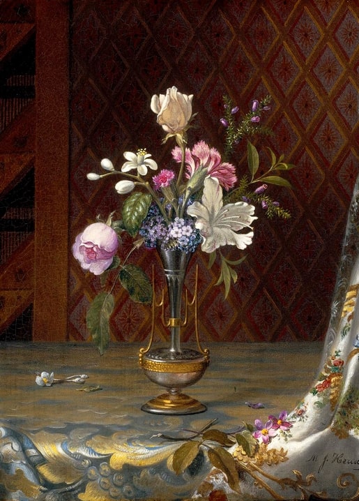 Goldverzierte Vase mit Rosen, Nelken und blauen Blüten, Stillleben von Martin Johnson Heade