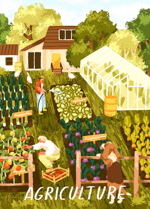 Illustration eines Gartens mit Gewächshaus, gießender Frau, Gänsen und Hund am Zaun