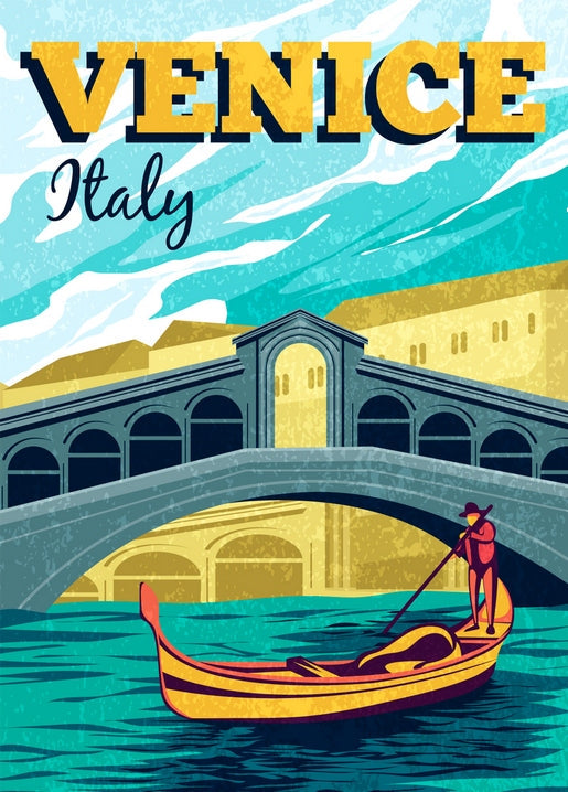 Retro travel poster illustration of Venice with a gondolier passing under the Rialto Bridge