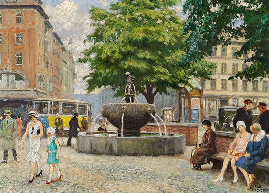 Gemälde eines Steinbrunnens mit Straßenbahn und Passanten am Vesterbro Torv in Kopenhagen