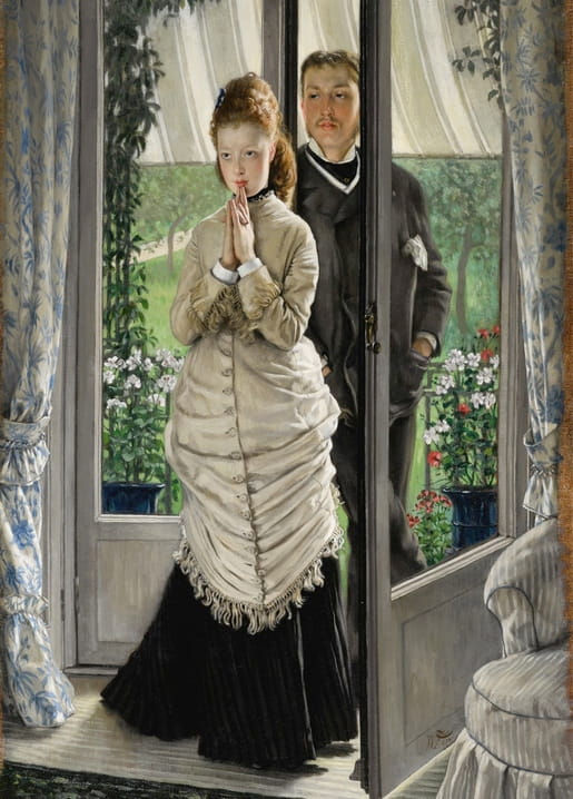 James Tissot's “The Proposal” — a woman with clasped hands and a man behind her in a conservatory doorway