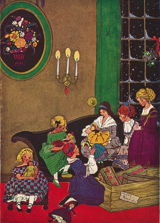 Vintage postcard of Victorian girls unwrapping Christmas gifts from a crate by candlelight
