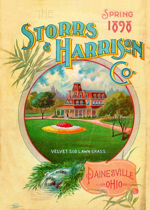 Herrschaftliches Haus hinter Rasen mit rundem rot-weißem Blumenbeet, Titelbild eines Baumschulkatalogs 1898