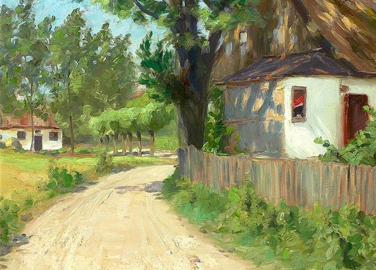 Shaded dirt lane past a whitewashed Danish farmhouse with a cat watching from the window, painting by Brendekilde