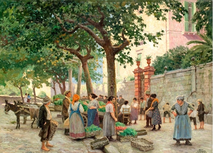 Gemälde eines schattigen Dorfmarkts mit Frauen, die Gemüse verkaufen, und einem Eselskarren