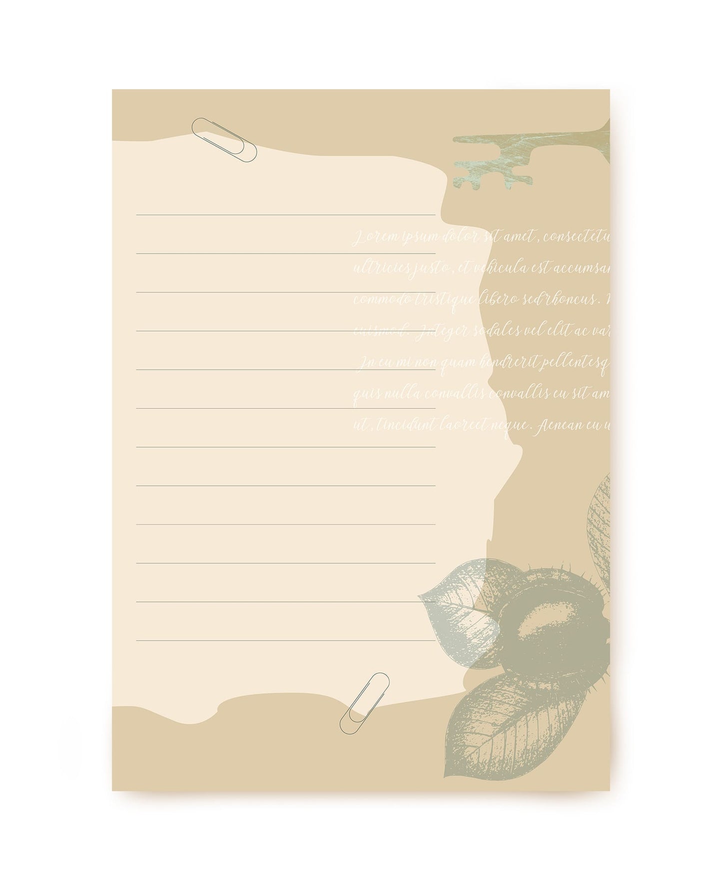 Vintage-style letter paper with a walnut illustration and paperclips