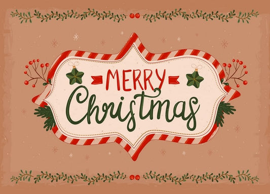 Vintage Merry Christmas badge with red-and-white candy-cane frame and holly sprigs