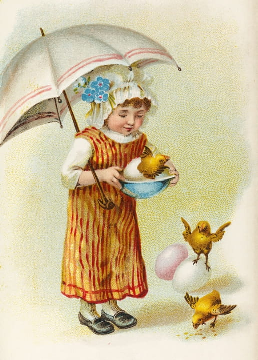 Vintage-Illustration eines Mädchens unter einem Regenschirm, das Küken aus einer Schale füttert