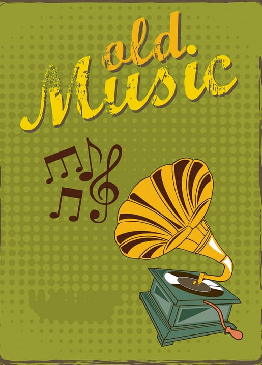 Retro poster postcard with a golden gramophone, treble clef and music notes on green background, lettered 'old. Music'.