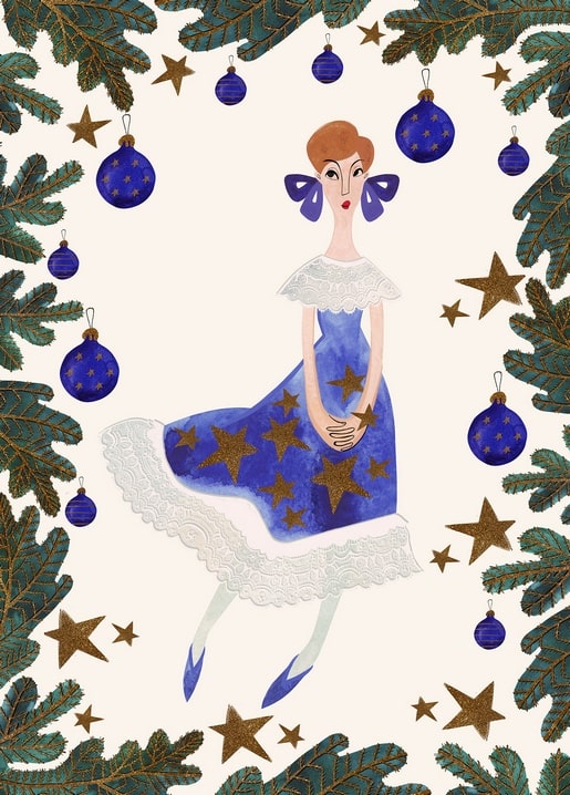 Vintage-Illustration einer Frau im sternenblauen Kleid im Tannenkranz mit Kugeln