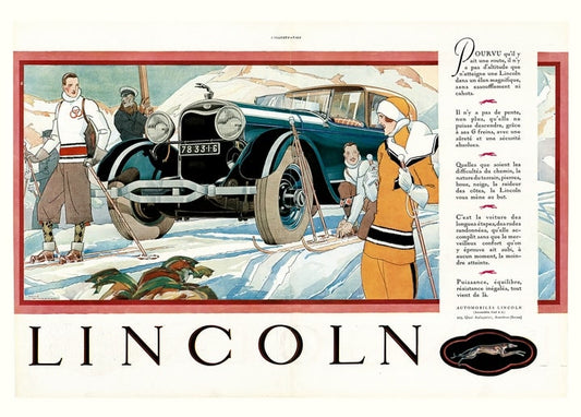 Вінтажна листівка з рекламою автомобіля Lincoln 1920-х років і лижниками в Альпах
