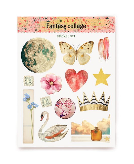 Vintage-Collage-Stickerbogen mit Mond, Schwan, Schmetterling, Krone und Parfümflakon