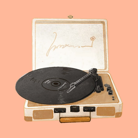 Illustration of a cream suitcase-style record player with a spinning vinyl on a peach background