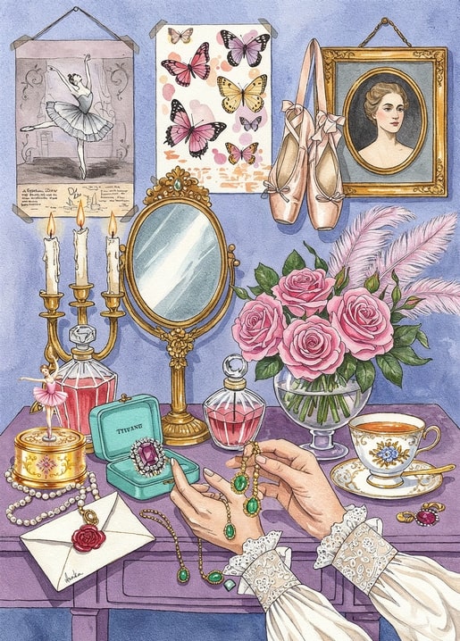 Vintage dressing table with a mirror, pink roses, butterflies and a wax-sealed letter.