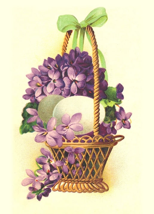 Vintage-Illustration eines Weidenkorbs mit Veilchen und pastellfarbenen Ostereiern, gebunden mit grüner Schleife