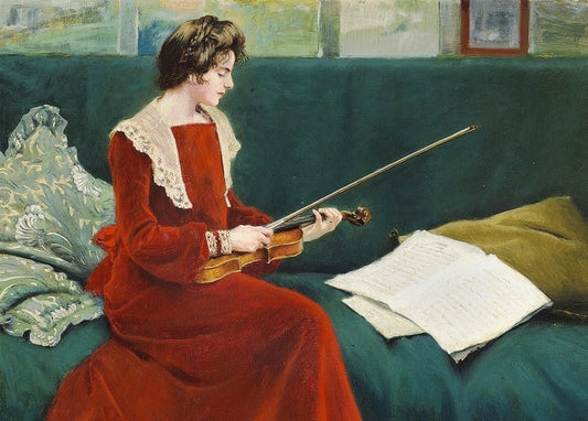 Violinist Gerda Holm in a red velvet dress playing on a green sofa
