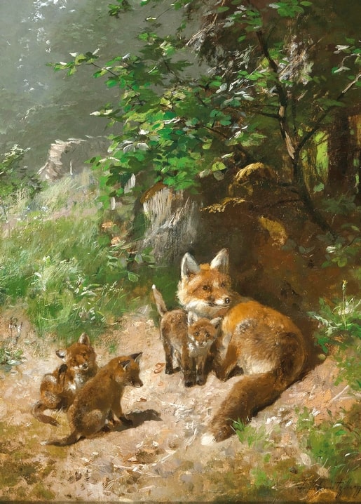 Painting of a vixen resting with her three whelps in dappled forest light