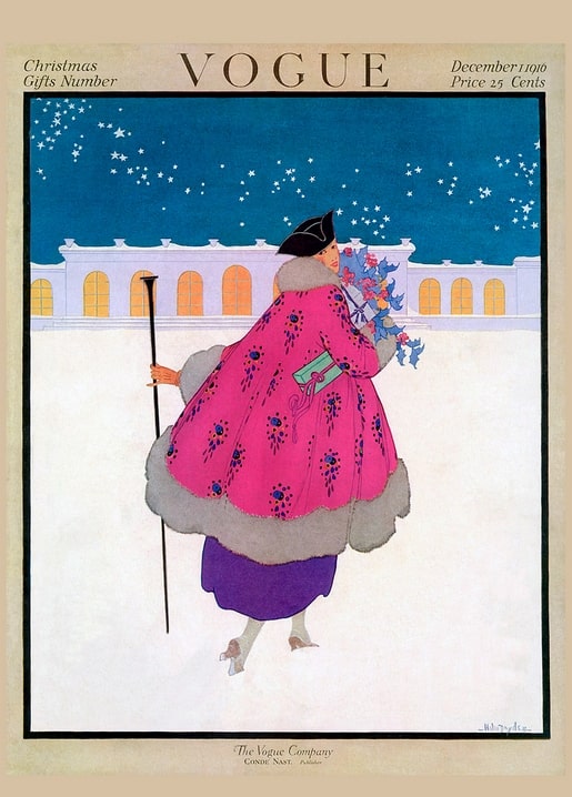 1910 Vogue Christmas cover art of a woman in a pink fur-trimmed coat walking in a snowy square at night