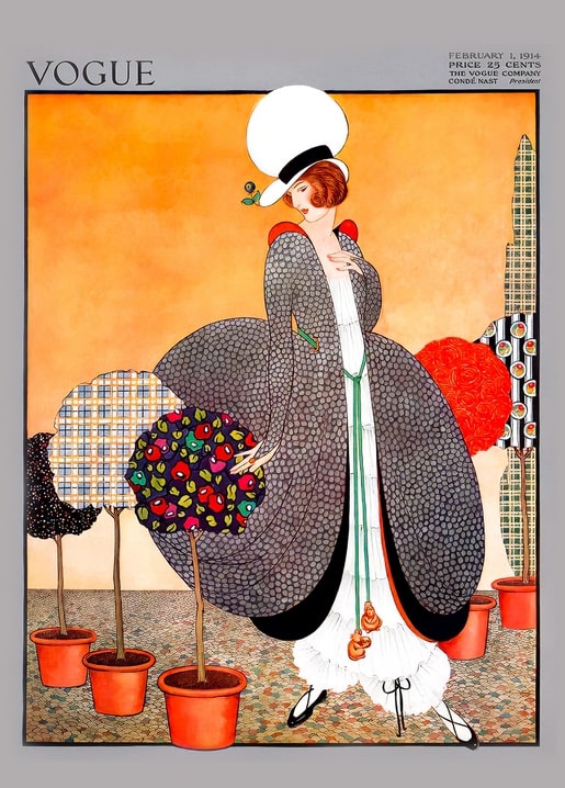 Reproduction of a 1914 Vogue cover with a woman in a dotted coat beside potted topiary trees