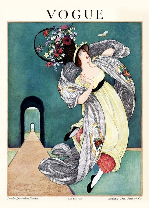 Vintage Vogue cover illustration of a woman in a floral hat and shawl before a teal archway, 1918