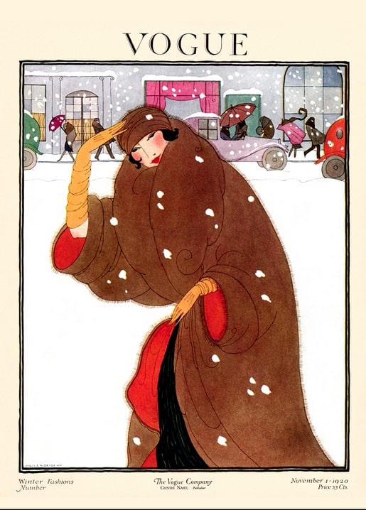1920 Vogue cover of a woman in a brown swirl-patterned coat walking a snowy city street with cars and umbrellas