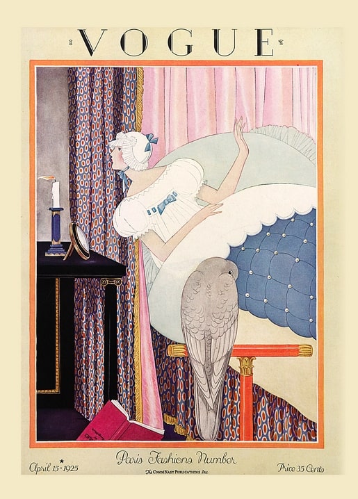 1925 Vogue magazine cover: woman in white lace reclining with a dove and pink curtains