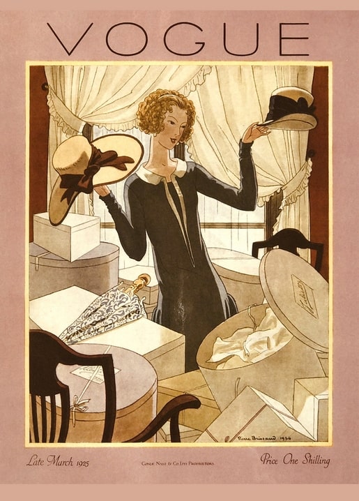Вінтажна ілюстрація обкладинки Vogue 1925 року: дівчина приміряє капелюшки