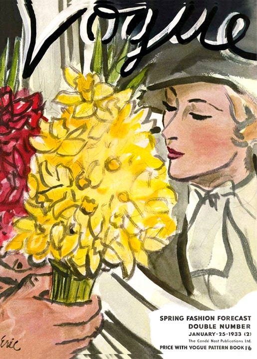 Vogue January 1933 cover: woman in a hat smelling a bouquet of yellow daffodils, signed Eric
