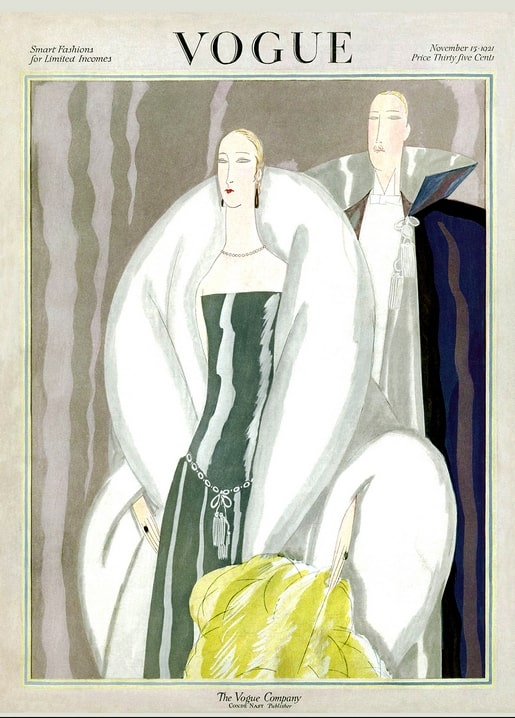 Vintage Vogue cover illustration of an elegant couple in matching white fur-trimmed coats