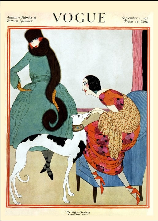 Vintage Vogue cover illustration of two women, one walking a spotted Great Dane on a leash