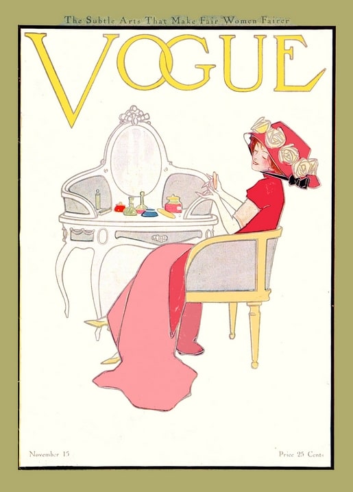 Vintage Vogue cover of a lady applying makeup at a mirrored vanity table