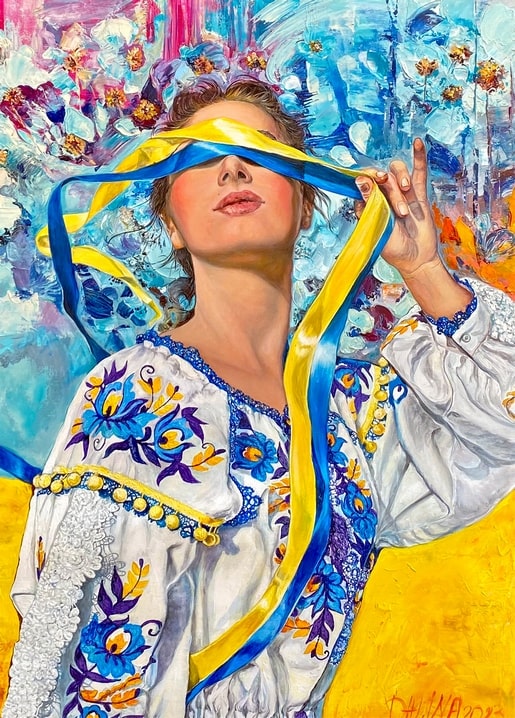 Painting of a woman in vyshyvanka lifting a blue-yellow ribbon from her eyes, by Alina Dalinina