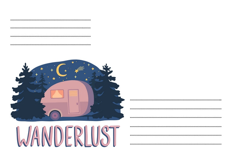 Mauvefarbener Wohnwagen unter Sternenhimmel mit Kiefern und dem Schriftzug Wanderlust