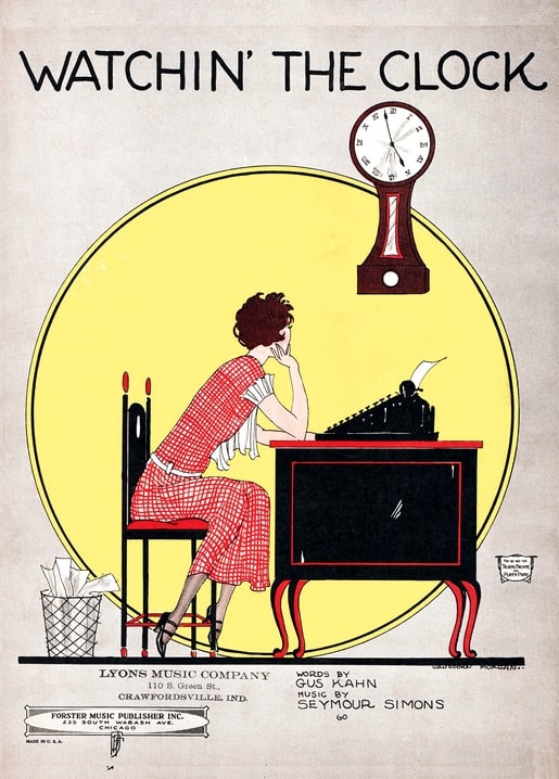1920s sheet music cover: secretary at a typewriter glancing at a wall clock, red and yellow illustration