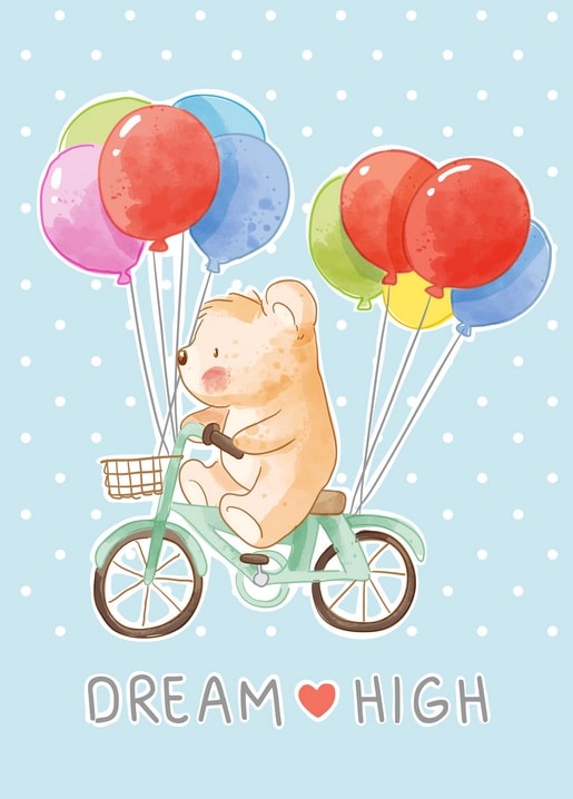Aquarell-Bär auf dem Fahrrad mit bunten Luftballons, Postkarte „Träum groß“