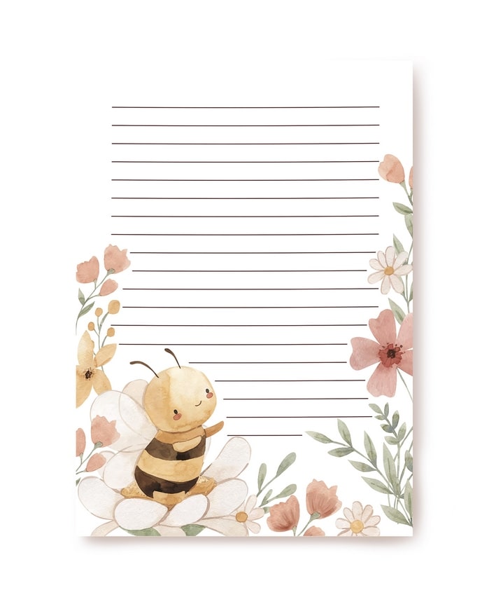 Watercolor bee on a flower with ruled lines on letter paper