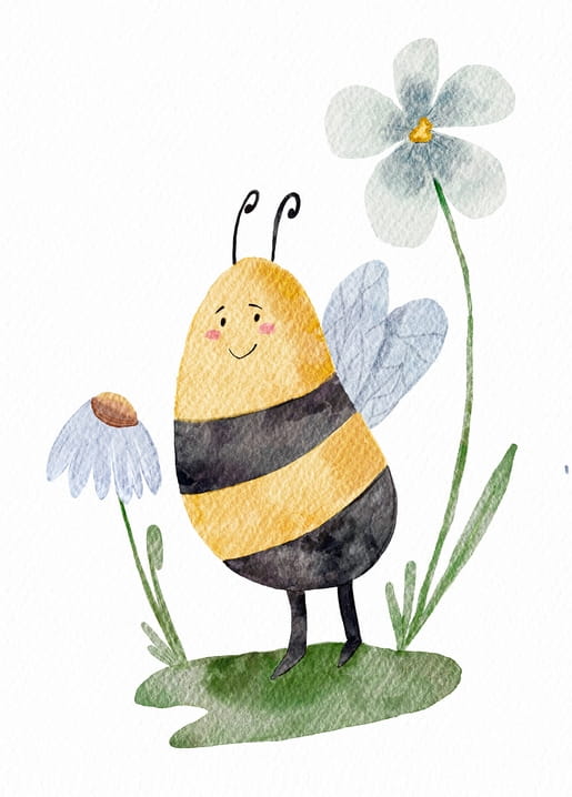Aquarellillustration einer lächelnden Biene zwischen einem Gänseblümchen und einer hellblauen Blüte