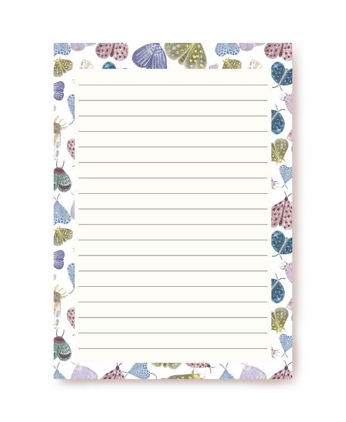 Lined writing paper bordered with watercolor butterflies and moths in blue, plum, and olive tones