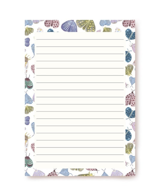 Lined writing paper bordered with watercolor butterflies and moths in blue, plum, and olive tones