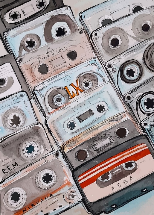 Watercolor illustration of stacked cassette tapes with visible band names