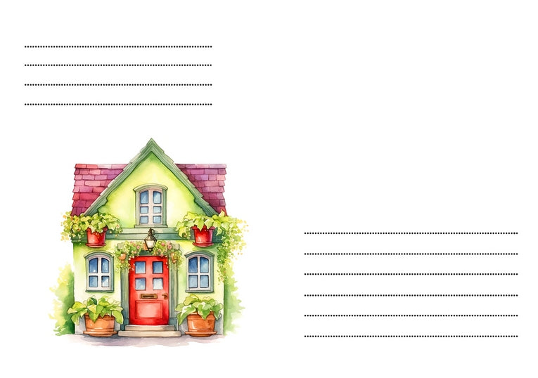 Aquarellillustration eines grünen Cottages mit roter Tür, Efeu und Blumenkästen an den Fenstern.